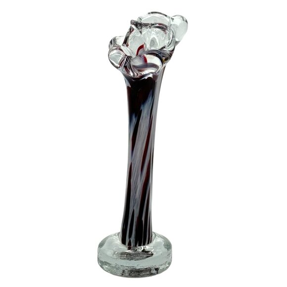 Double Bud Handblown Art Glass Vase Stretch Burgundy Blue White w/ Base 8.75" - Picture 2 of 6